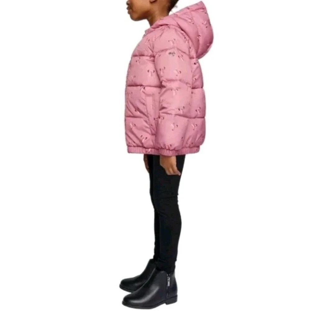 Miles the Label Kids Hooded Puffer Jacket Girls Water,‎ Pink with Bows, 4T NWT